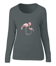 Women T-shirt -  organic cotton - long sleeved - round neck - black - zwart - printdesign - drawing - JanaRoos -Pink flamingo's