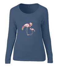 Women T-shirt -  organic cotton - long sleeved - round neck - navy blue - marine blauw - printdesign - drawing - JanaRoos -Pink flamingo 