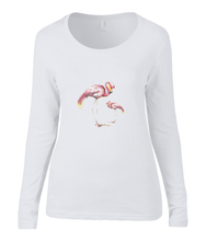 Women T-shirt -  organic cotton - long sleeved - round neck - white - wit - printdesign - drawing - JanaRoos -Pink flamingo 