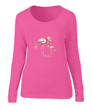 Women T-shirt -  organic cotton - long sleeved - round neck - coral pink - coral - printdesign - drawing - JanaRoos -Pink flamingo 