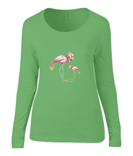 Women T-shirt -  organic cotton - long sleeved - round neck - apple green - appel groen - printdesign - drawing - JanaRoos -Pink flamingo 