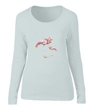 Women T-shirt -  organic cotton - long sleeved - round neck - silver grey - zilver grijs - printdesign - drawing - JanaRoos -Pink flamingo 