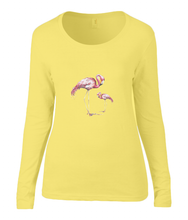 Women T-shirt -  organic cotton - long sleeved - round neck - yellow - geel - printdesign - drawing - JanaRoos -Pink flamingo 